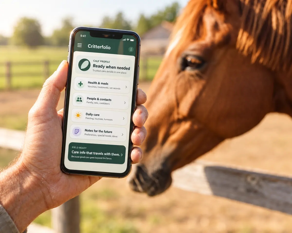 Critterfolio displayed on a phone in an outdoor horse-care setting