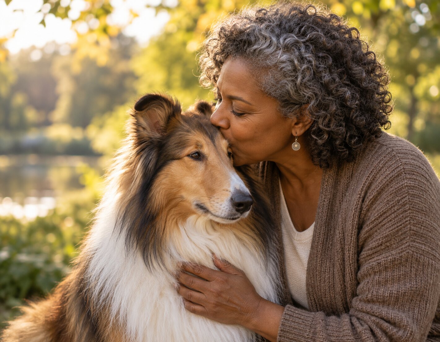 A middle-aged woman kissing a Rough Collie outdoors