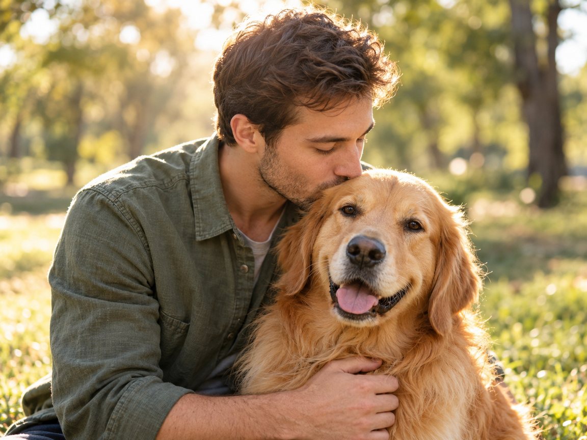 Young man kissing a golden retriever outdoors