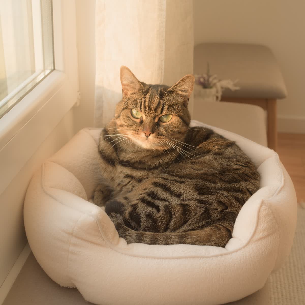 Tabby cat resting in a cozy bed by a window