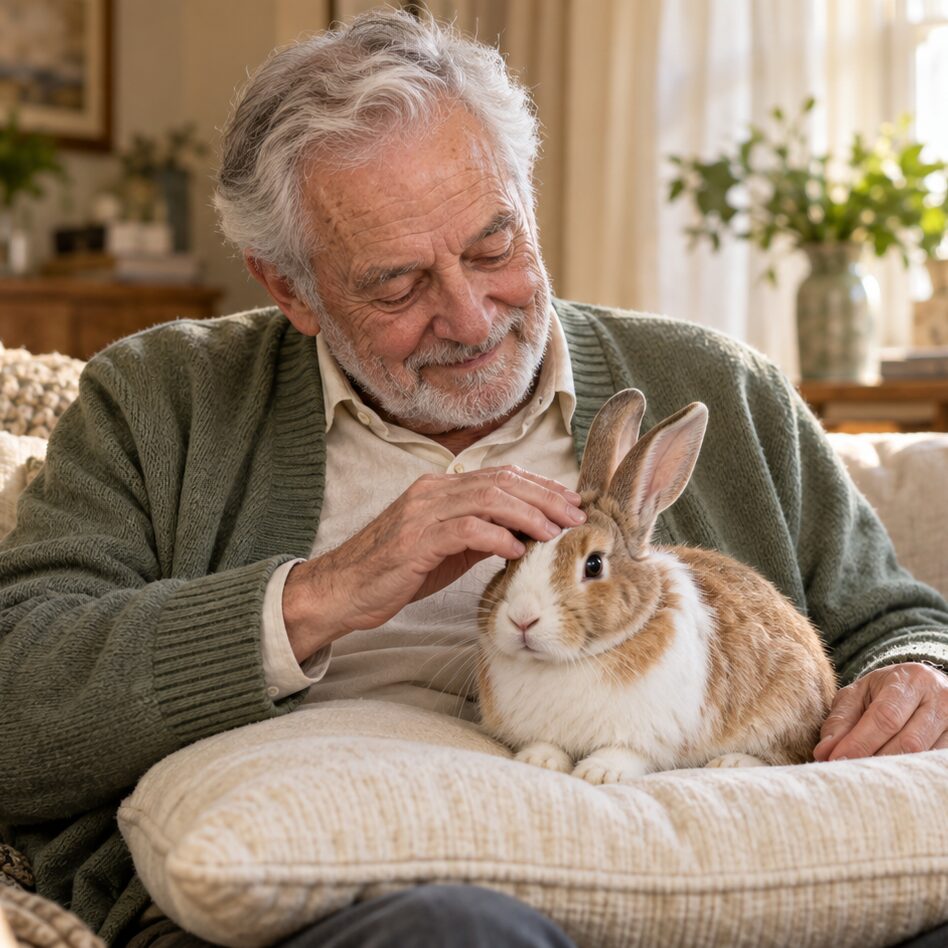 An older man gently petting a rabbit on a cushion at home