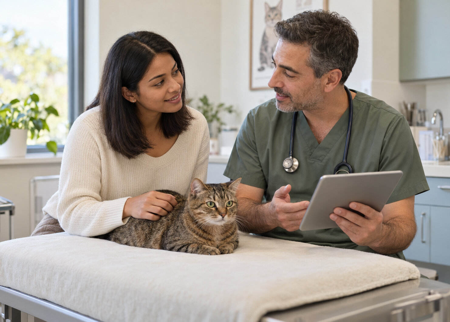A younger caregiver discussing a tabby cat’s care with a male clinician